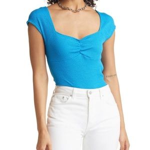 NWT Halogen Teal Blue Cap Sleeve Sweetheart Textured Short Sleeve
